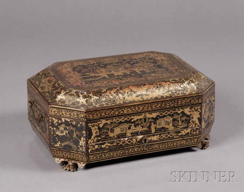 Appraisal: Gilt Decorated Chinese Export Lacquer Sewing Box th century eight-sided