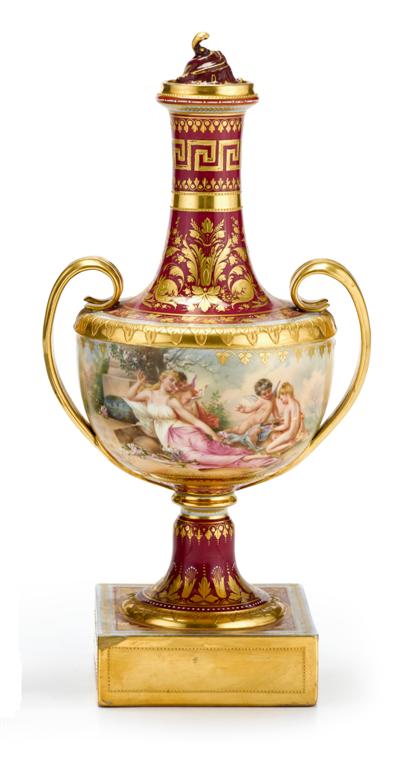 Appraisal: Vienna 'ox-blood' porcelain urn Of baluster form with gilt scroll