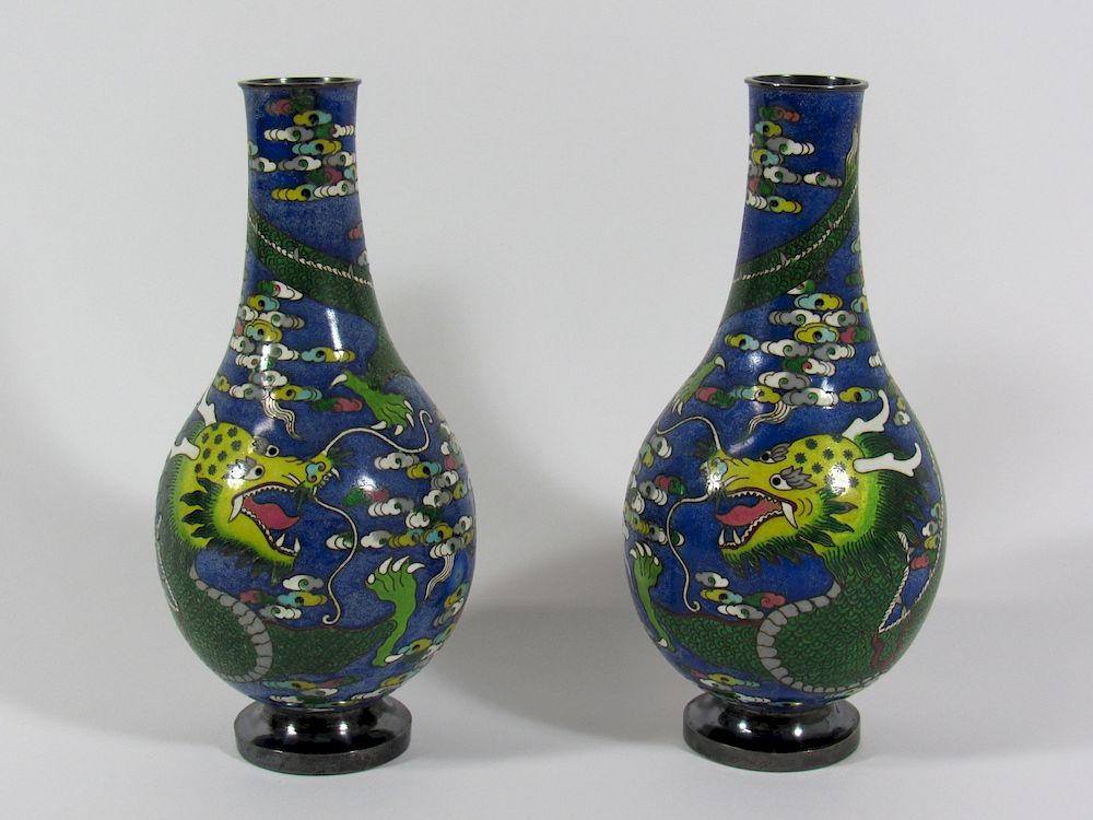 Appraisal: Pair of Silver Cloisonne Dragon Vases Chinese Green and yellow