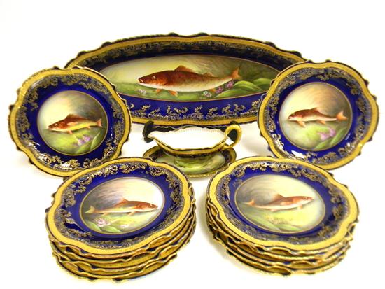 Appraisal: Limoges fish service fourteen pieces cobalt blue ground with delicate