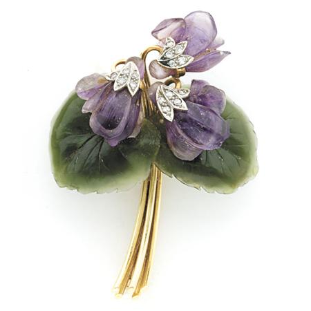 Appraisal: Gold Carved Amethyst Nephrite and Diamond Flower Brooch Estimate -