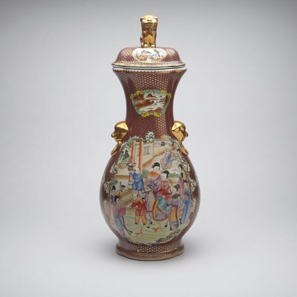 Appraisal: Export Rose Mandarin Figural Vase and Cover Supported by a