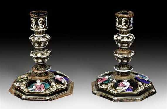 Appraisal: PAIR OF ENAMELED CANDLE HOLDERS Renaissance style Limoges th century