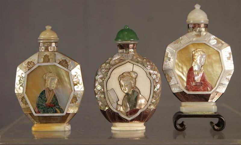 Appraisal: MOP mosaic applique courtesan portrait snuff bottles agate jade stoppers