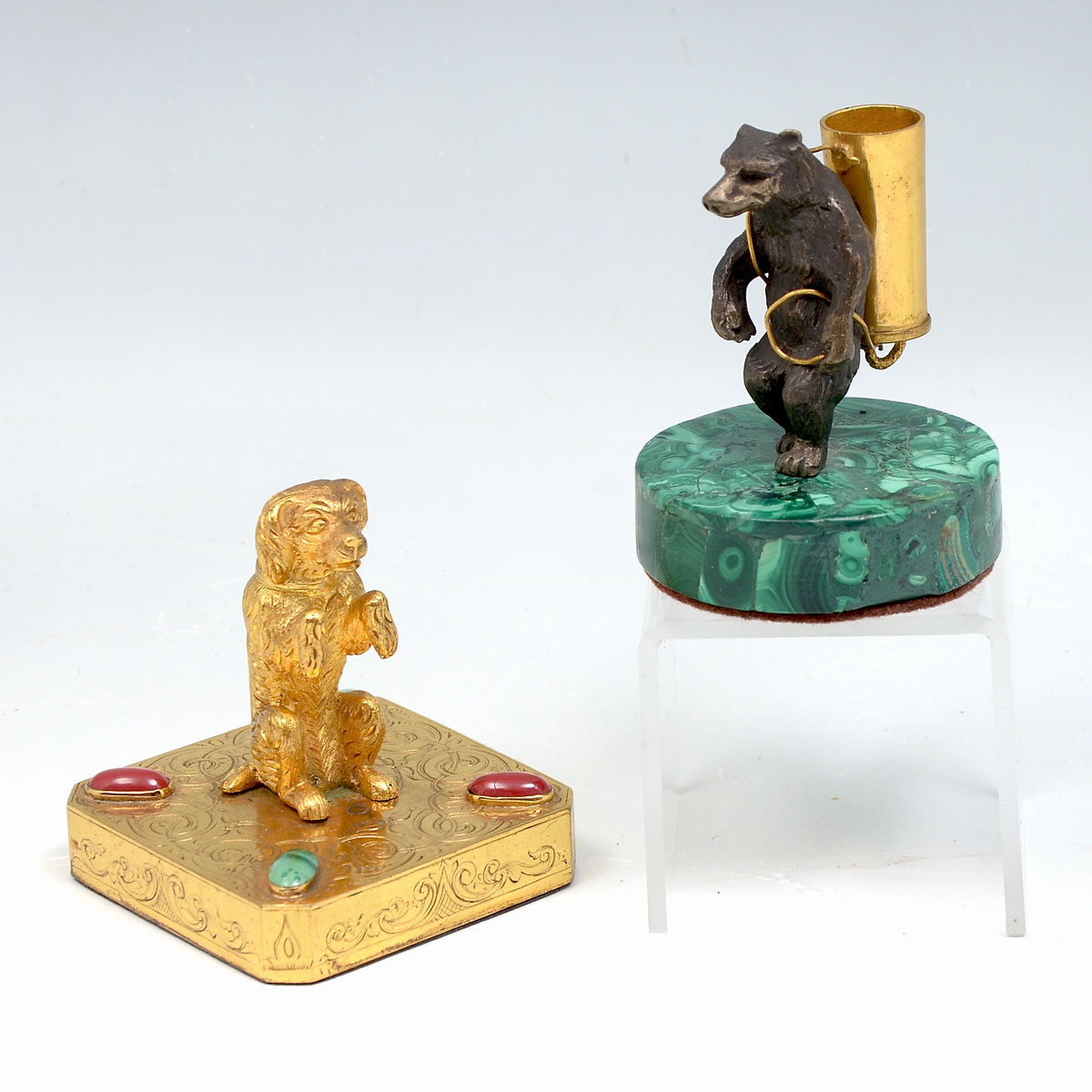 Appraisal: DOG BEAR PAPERWEIGHTS Standing Bronze bear carrying god color load