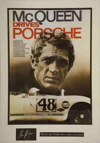 Appraisal: A McQueen Drives Porsche poster reproduction a montage monochrome image