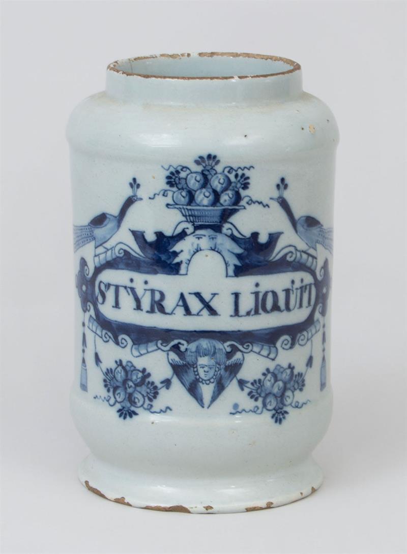 Appraisal: DUTCH DELFT BLUE AND WHITE DRUG JAR With blue script