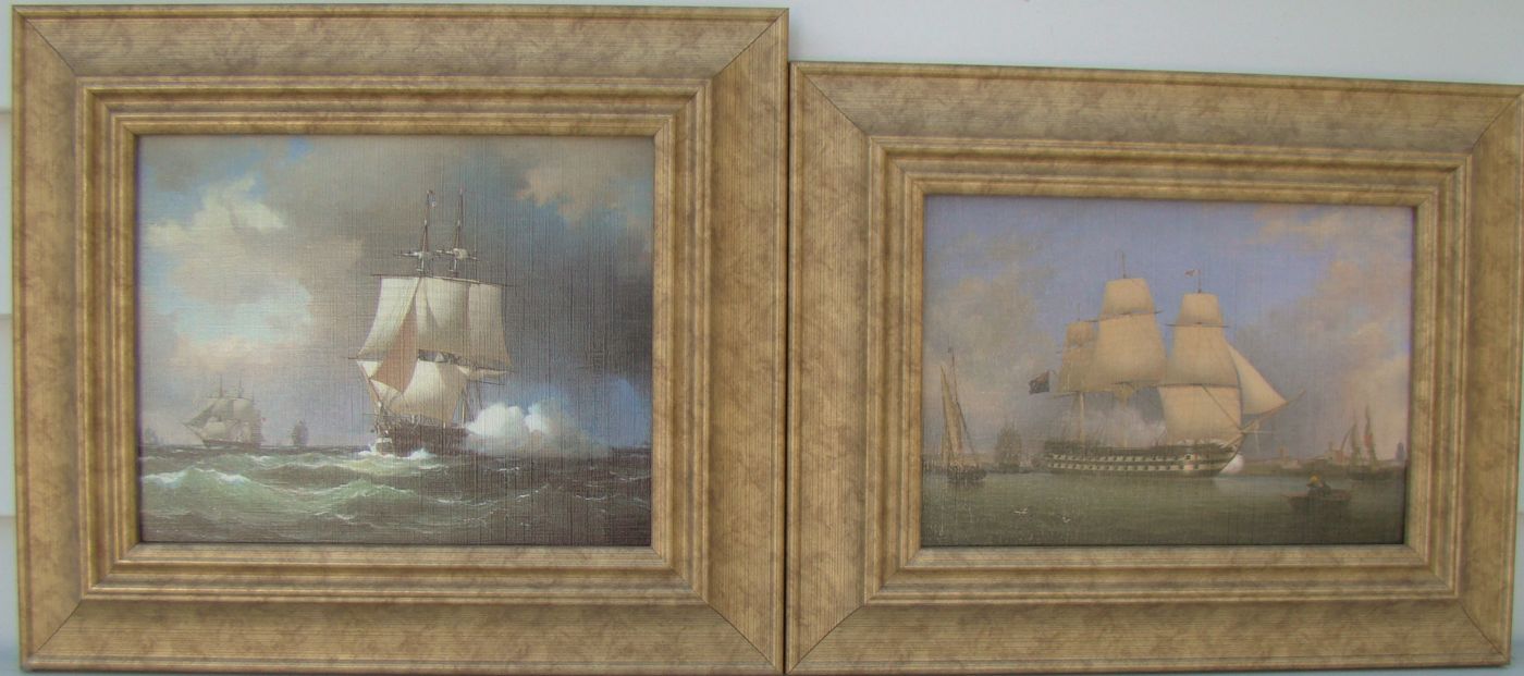 Appraisal: SET OF FOUR CANVAS TRANSFER PRINTS Depicting sailing vessels Gold-painted