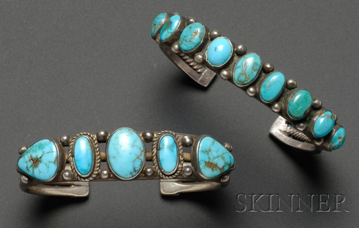 Appraisal: Two Southwest Silver and Turquoise Bracelets Navajo one with multiple