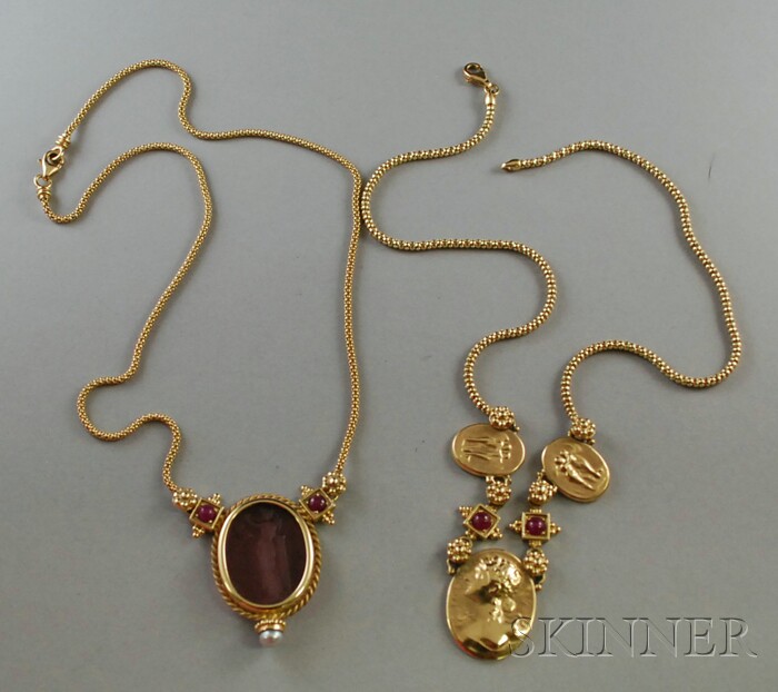 Appraisal: Two Antique-inspired kt Gold Gem-set Necklaces Italy with cameo-style medallions