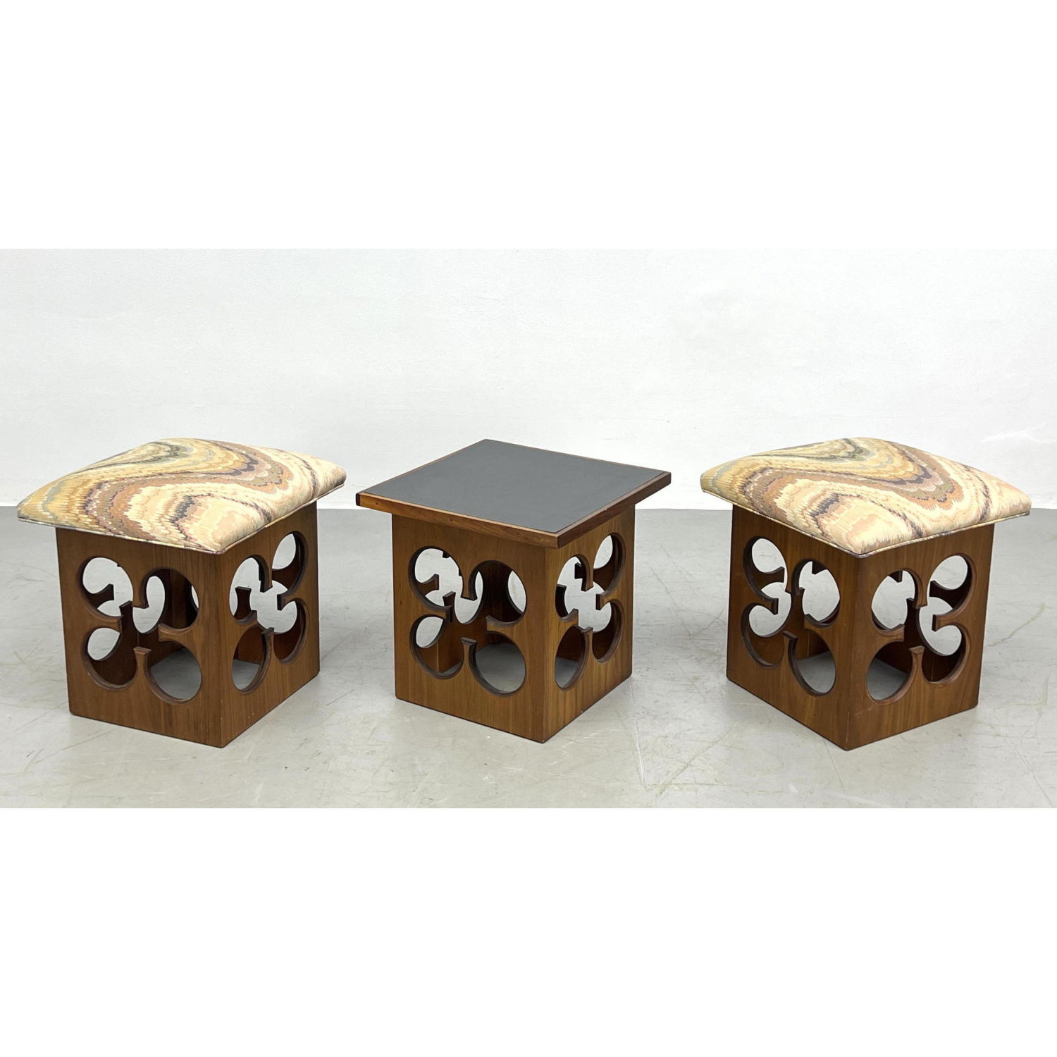 Appraisal: pc Set Probber Style Stools Moroccan Style Walnut Stools and