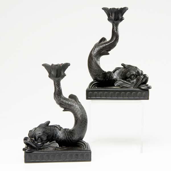 Appraisal: WEDGWOOD Basalt dolphin candlesticks on rectangular bases both marked