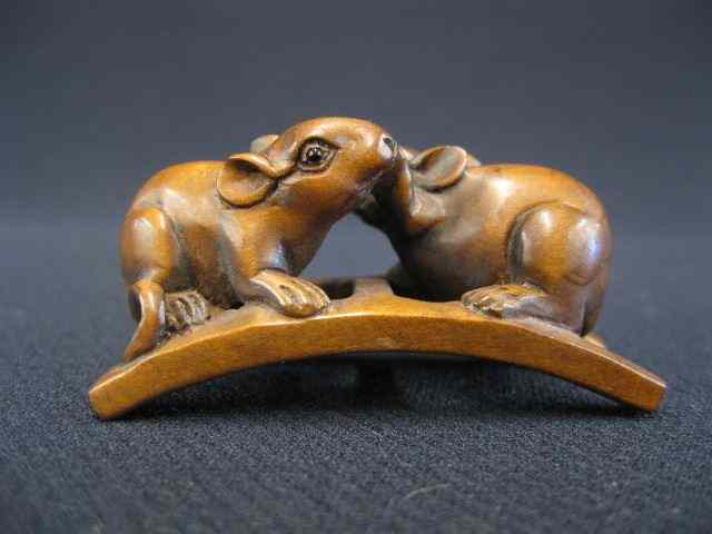 Appraisal: Carved Boxwood Netsuke of Two Rats on ladder signed ''