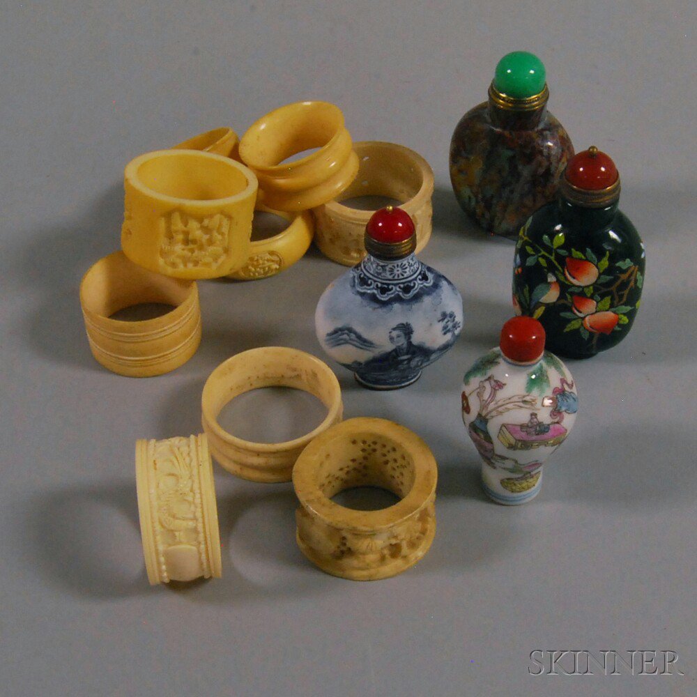 Appraisal: Four Snuff Bottles and Nine Carved Ivory and Bone Napkin