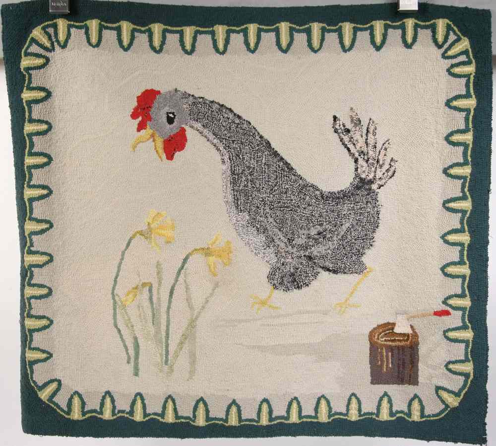 Appraisal: FIGURAL HOOKED RUG - Chicken with Chopping Block by Blanche