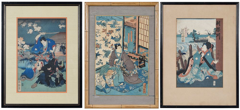 Appraisal: Utagawa Kuniteru Japanese - Three Pair of Swordsmen Woman Carrying