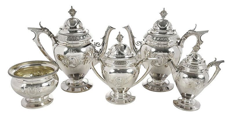 Appraisal: Five Piece Medallion Coin Silver Tea Service American mid late