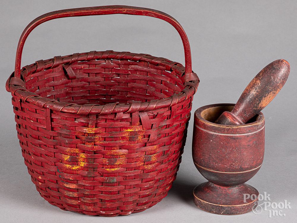 Appraisal: Painted basket together with a mortar and pestle Painted basket