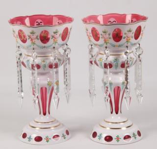 Appraisal: PAIR OF CRANBERRY GLASS LUSTERS PAIR OF BOHEMIAN CRANBERRY GLASS