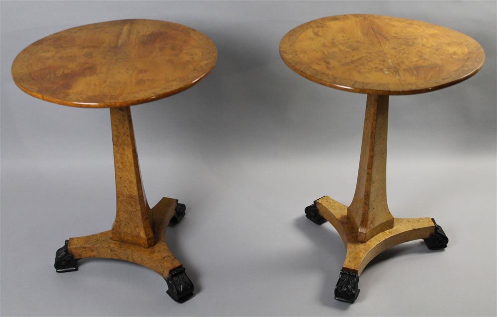 Appraisal: PAIR OF BIEDERMEIER BURLED YEW WOOD CIRCULAR TABLES each having