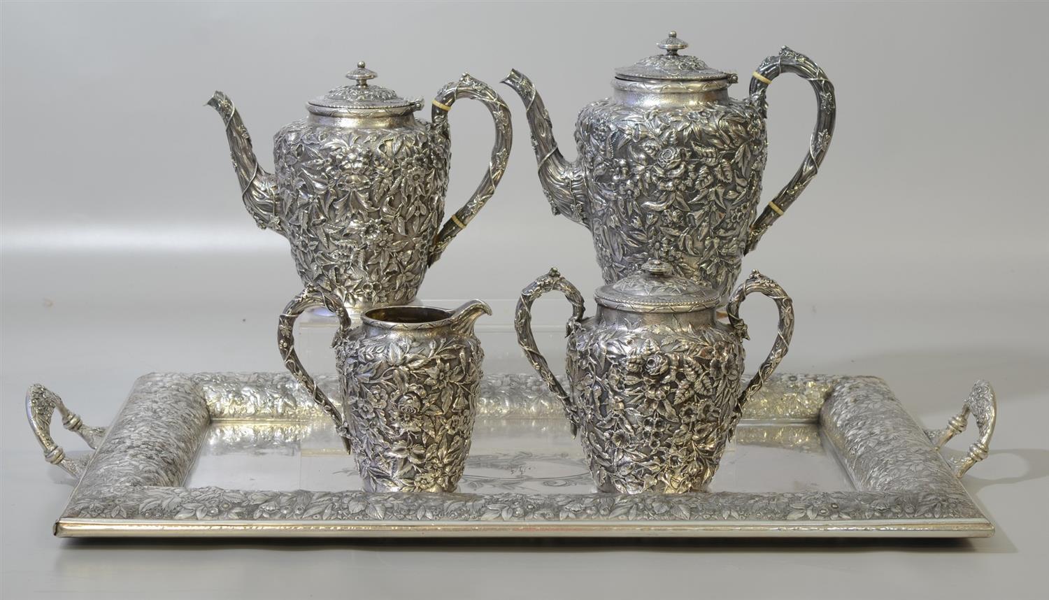 Appraisal: pc JE Caldwell sterling silver floral repousse teaset consisting of