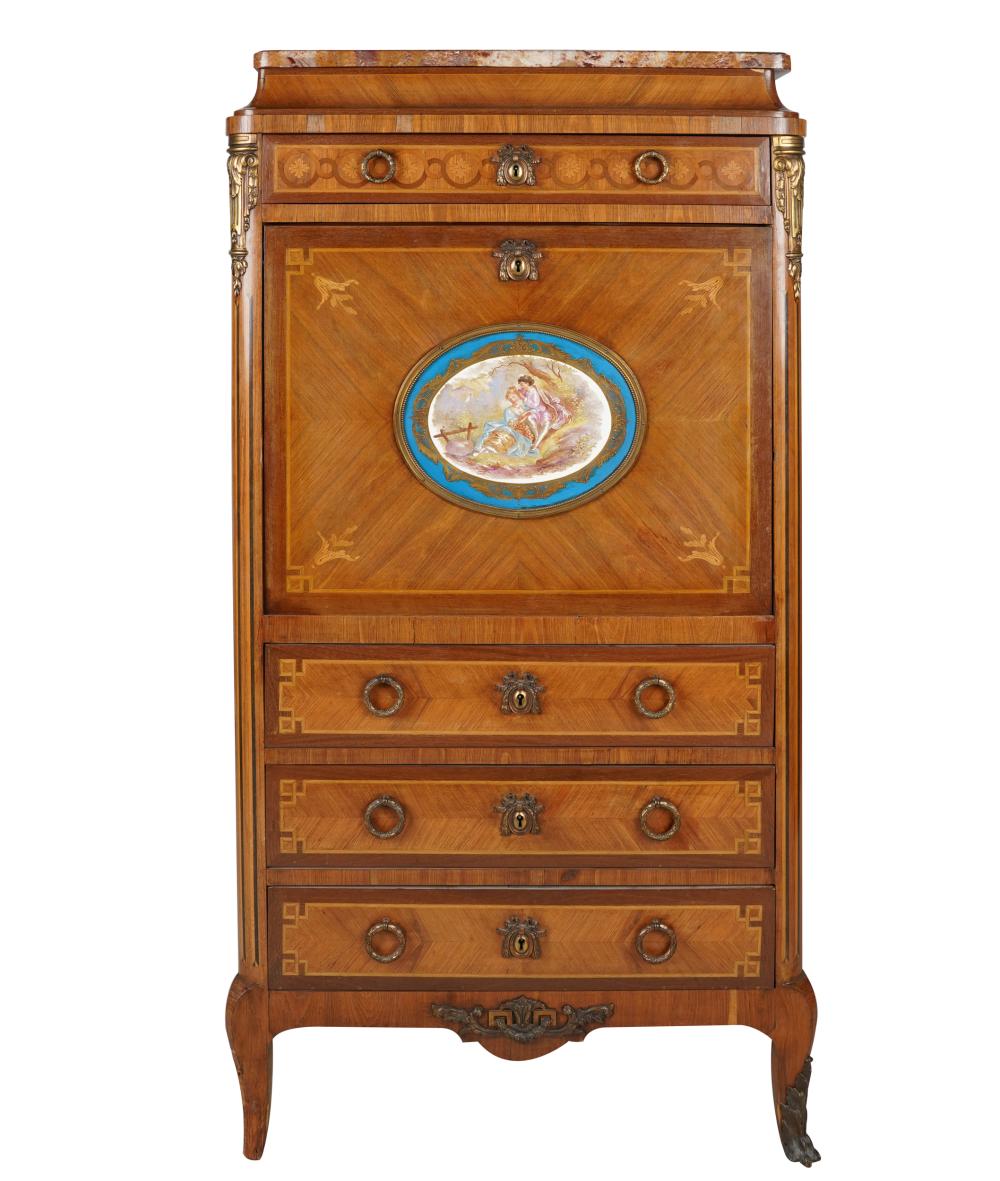 Appraisal: PORECLAIN-INSET MARQUETRY SECRETAIRE A ABBATANTwith marble top and gilt metal