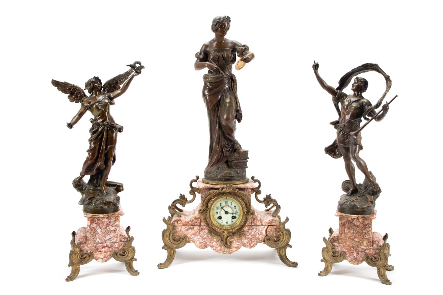 Appraisal: FIGURAL CLOCK GARNITURE SET WITH MARBLE BASES PC French circa