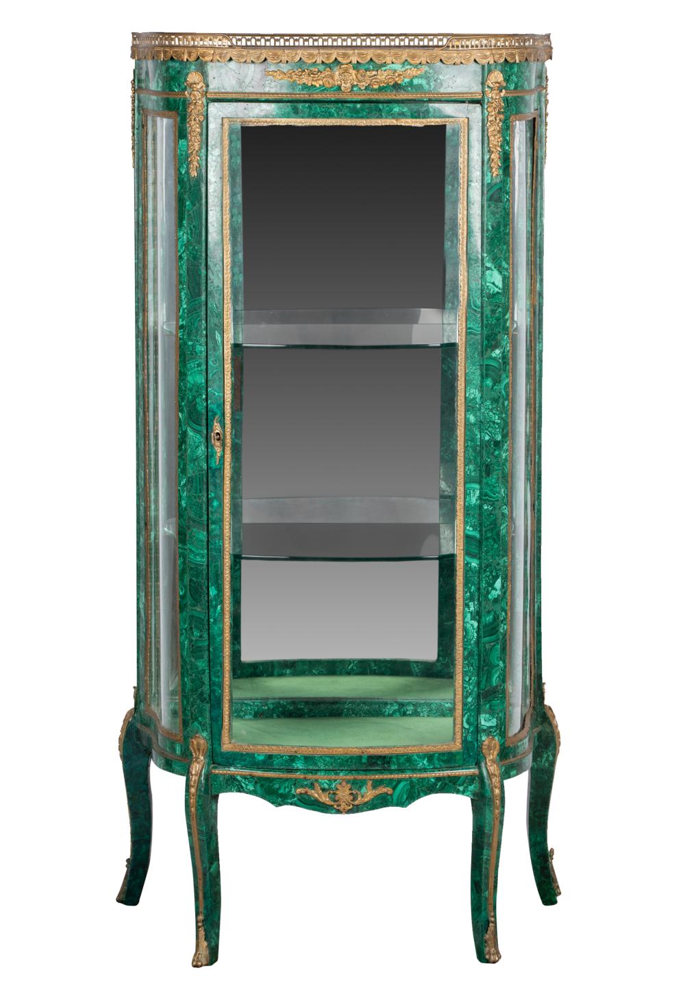 Appraisal: LOUIS XV STYLE MALACHITE GILT METAL VITRINEthe glazed door and