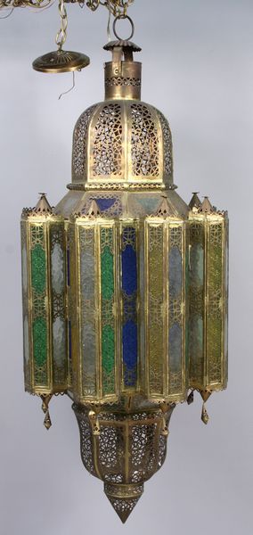 Appraisal: Moroccan brass and colored glass chandelier h x diam approx