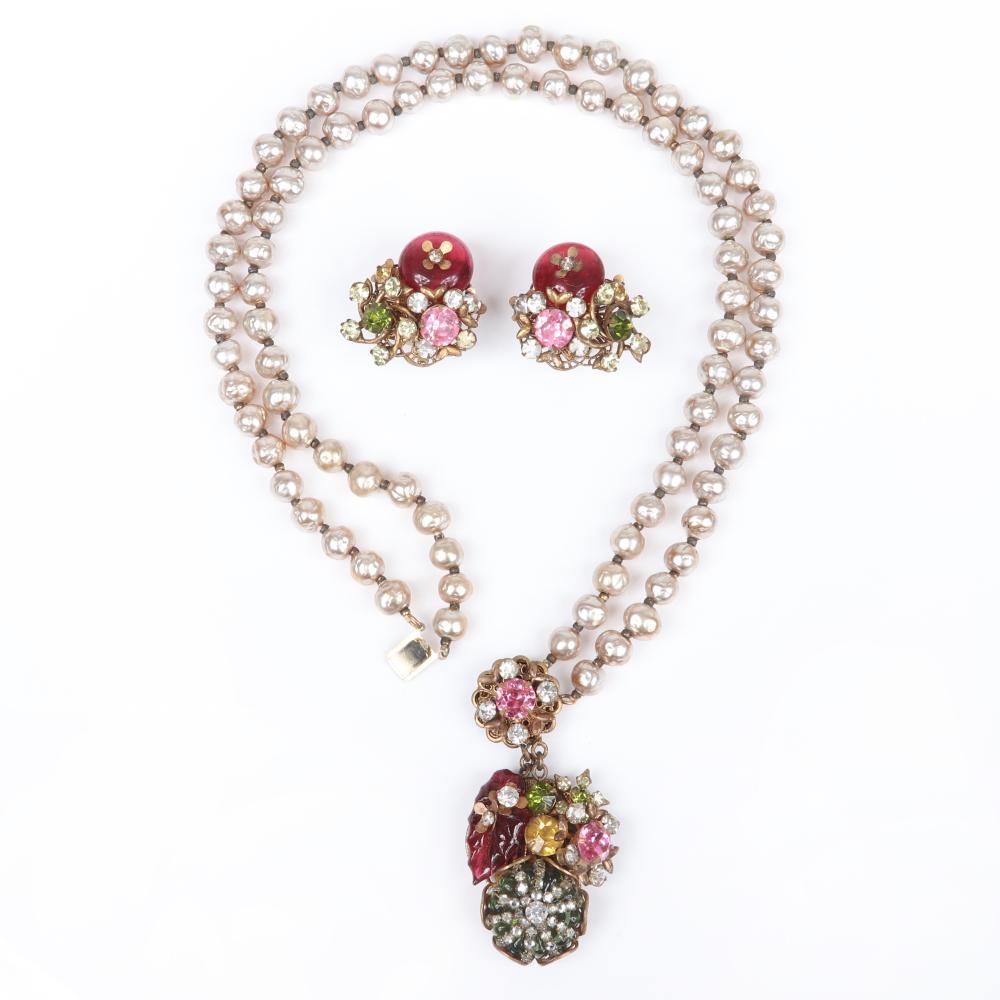 Appraisal: MIRIAM HASKELL DOUBLE STRAND BAROQUE SILVER PEARL NECKLACE WITH JEWEL