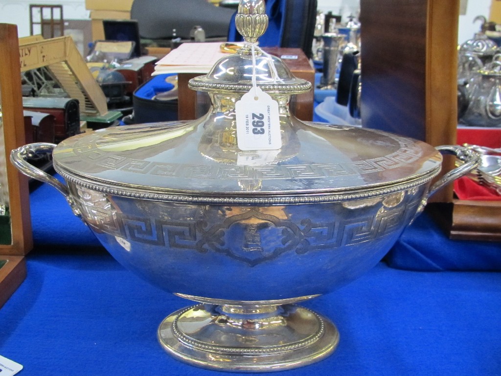 Appraisal: Silver plated soup tureen with Greek key decoration