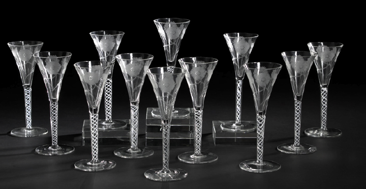 Appraisal: Good Set of Twelve English Blown and Floral-Engraved Glass Wine