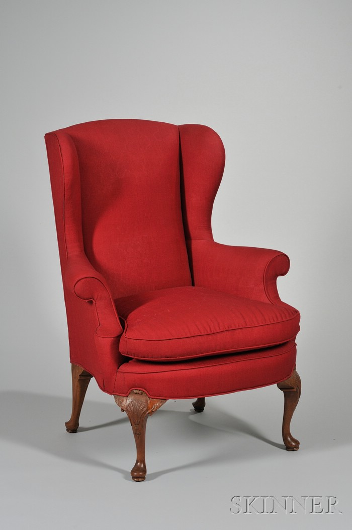 Appraisal: Chippendale-style Red Upholstered Carved Walnut Wing Chair