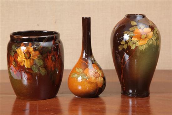 Appraisal: THREE OWENS POTTERY VASES All with impressed Owens marks Bud