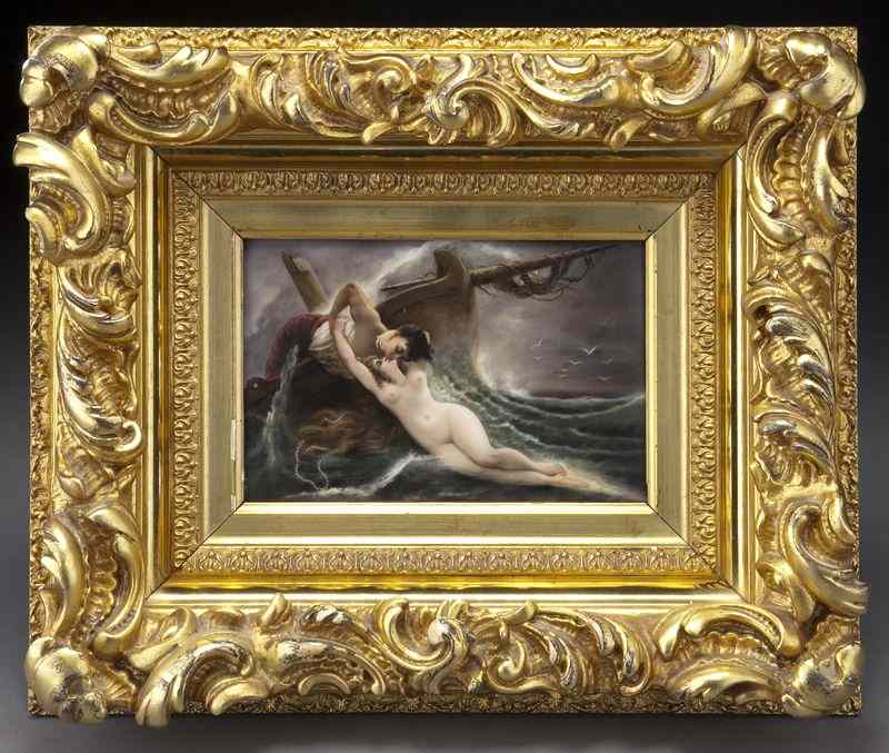 Appraisal: German painted porcelain plaque ''The Kiss of theWave'' after Wertheimer