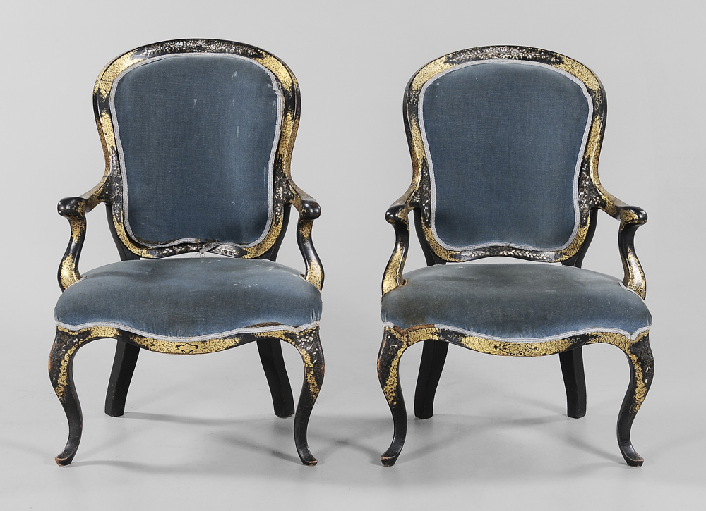 Appraisal: Pair Victorian Ebonized Gilt and Mother-of-Pearl Inlaid Open-Arm Chairs French