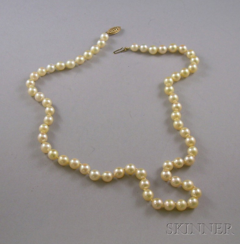 Appraisal: Single-strand Cultured Pearl Necklace with a kt gold clasp lg