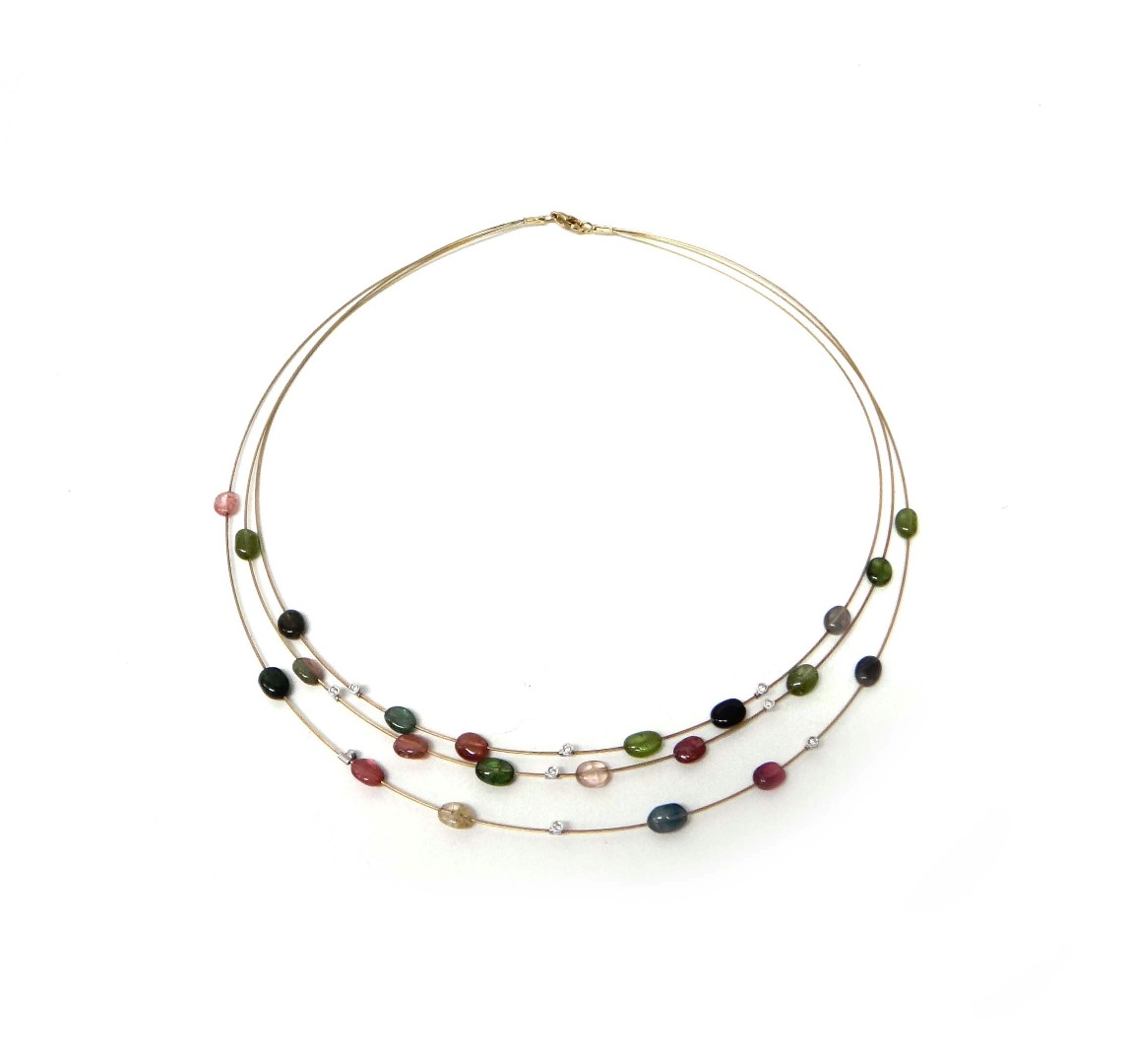 Appraisal: A ct gold diamond and vary coloured tourmaline bead necklace