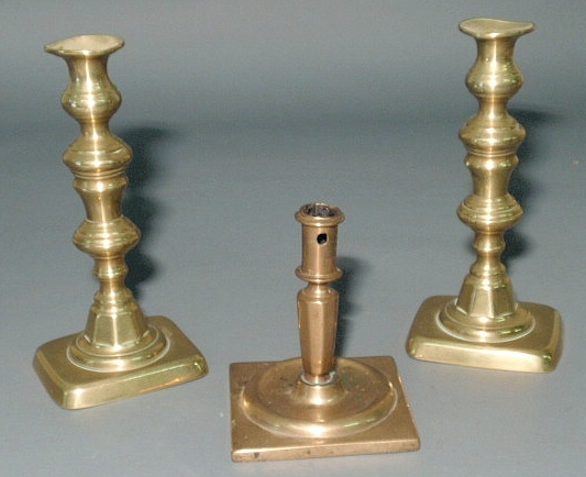 Appraisal: Pair of Victorian brass candlesticks h and an early square