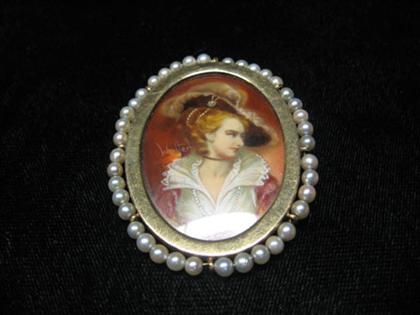 Appraisal: Portrait pin on ivorine of woman in elaborate hat with