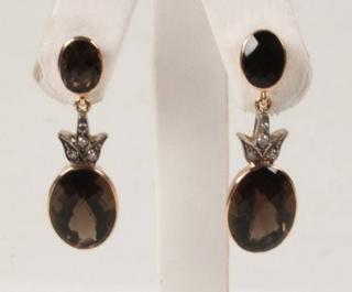 Appraisal: K DIAMOND AND SMOKY TOPAZ DROP EARRINGS K YELLOW GOLD