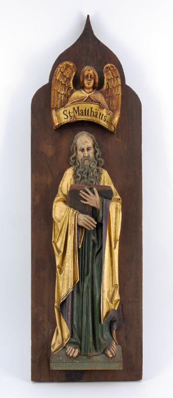 Appraisal: CARVED WOOD PLAQUE DEPICTING ST MATTHAUS German polychrome and gilt