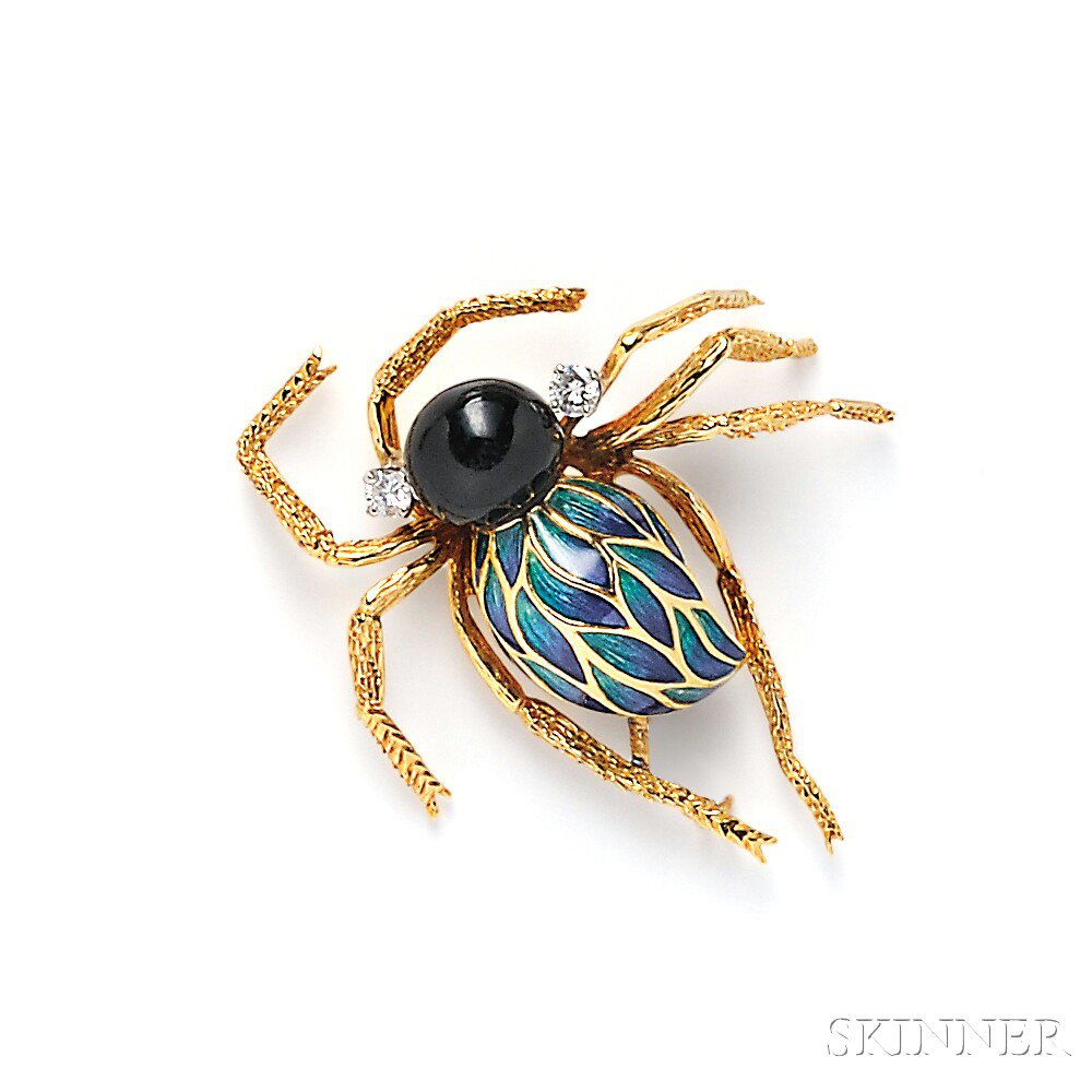 Appraisal: kt Gold Enamel Onyx and Diamond Spider Brooch dwt lg