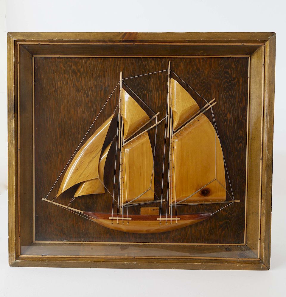 Appraisal: Carved Wood Schooner Shadow Box with Secret Drop Front Which