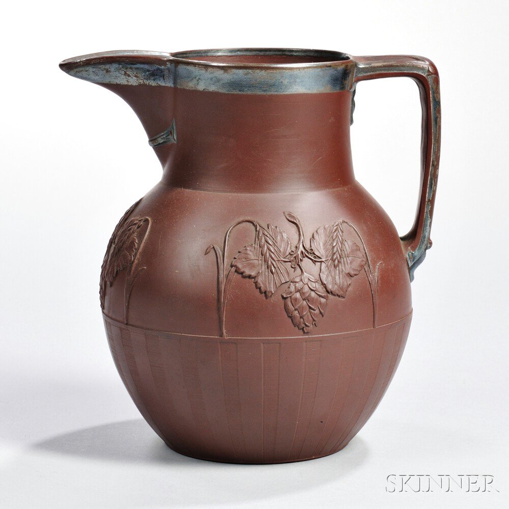 Appraisal: Samuel Hollins Redware Pitcher England c botanic reliefs above an