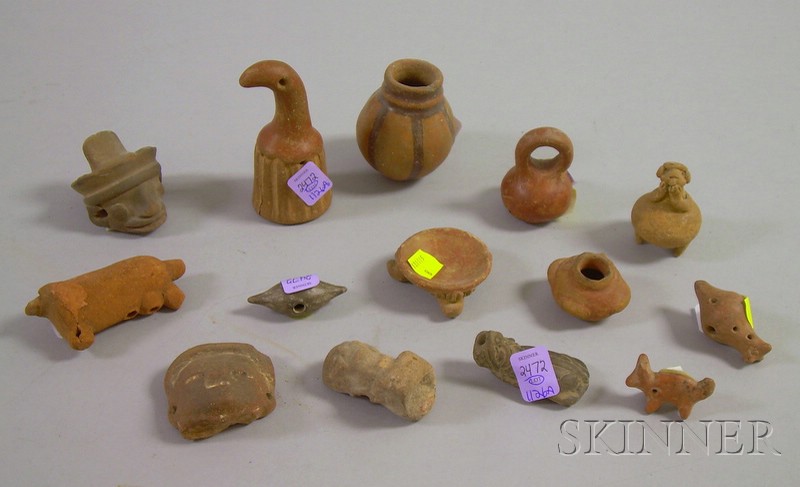 Appraisal: Fourteen Small Pre-Columbian Items including clay rattles a figural animal