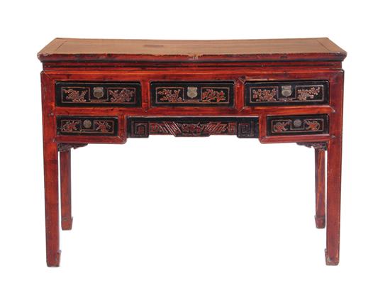 Appraisal: Chinese red-lacquer altar table circa frame-and-panel top configuration of five