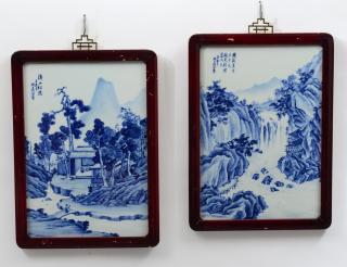 Appraisal: PAIR OF BLUE AND WHITE PORCELAIN PLAQUES Chinese Signed Each