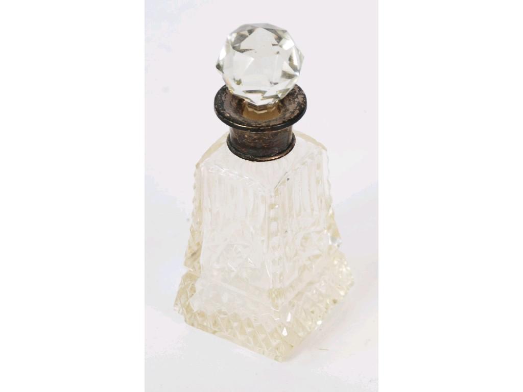 Appraisal: CUT GLASS PERFUME BOTTLE with silver mounted neck faceted globular