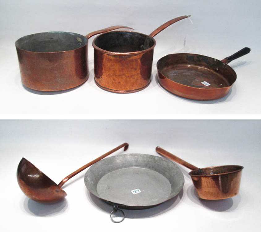 Appraisal: SIX COPPER KITCHEN ACCESSORIES including frying pan sauce pots small